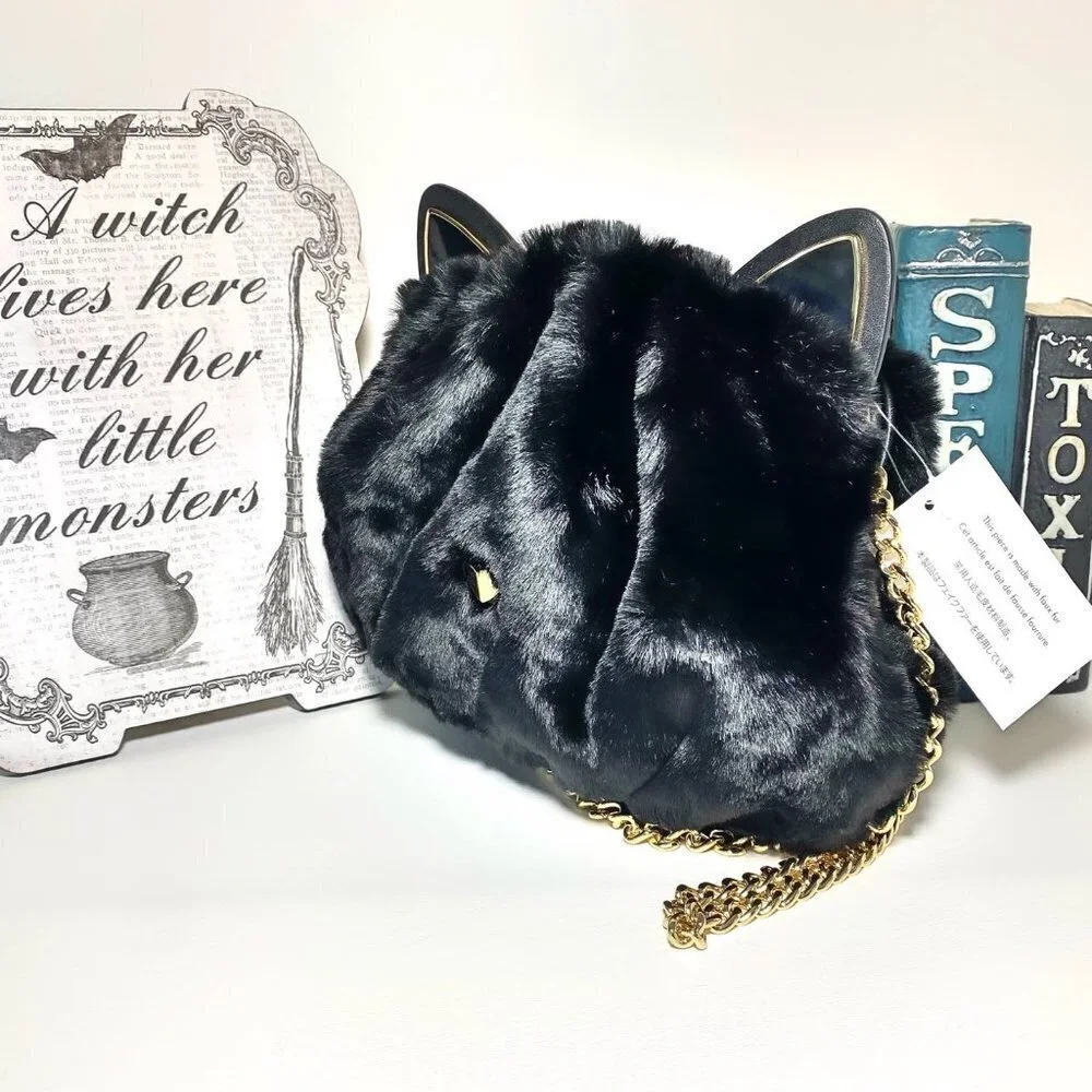 Kate Spade Pitch Purrfect Faux Fur Black Cat Bag NWT